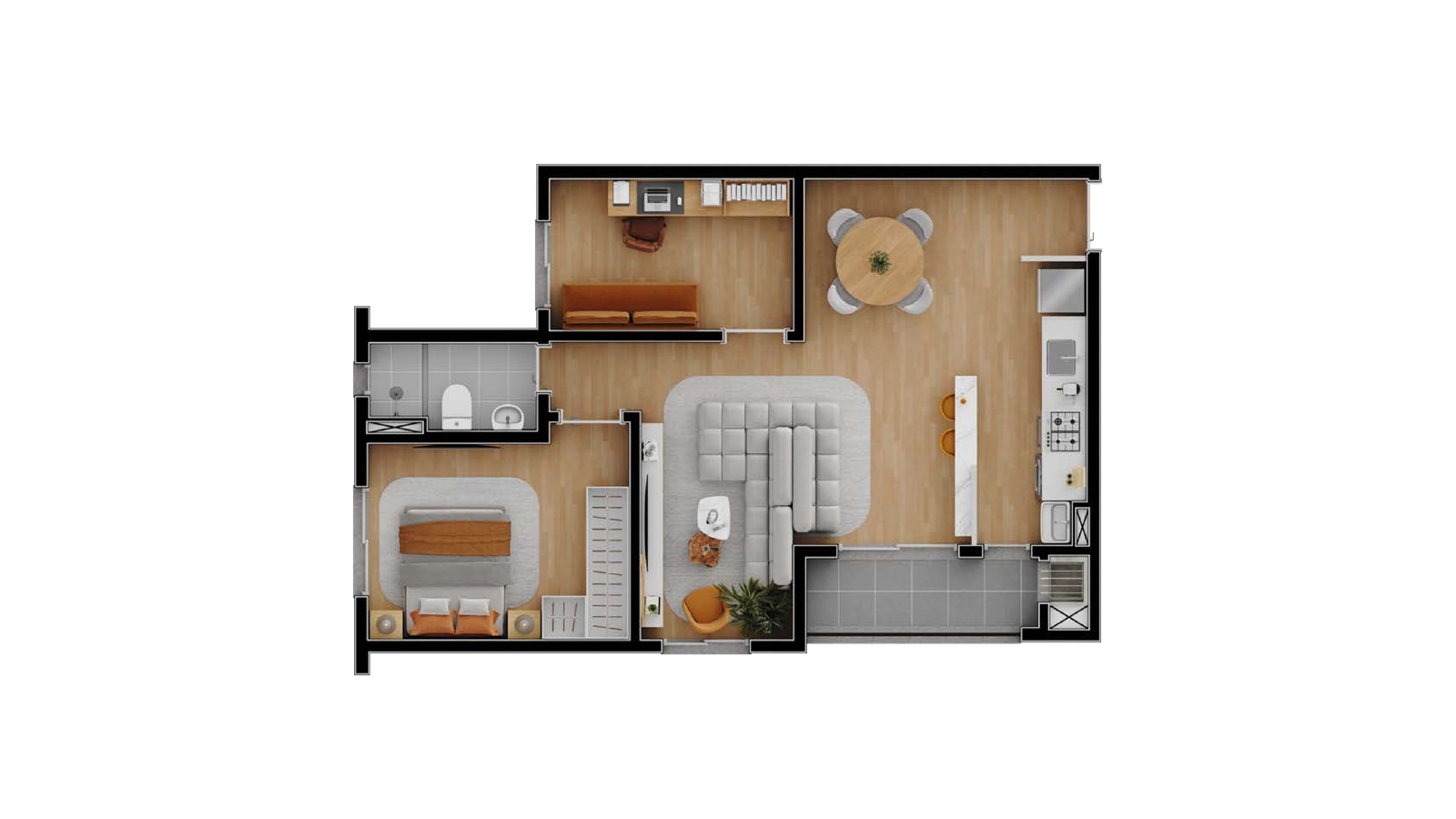 Planta baixa do apartamento de 60,86 m²
